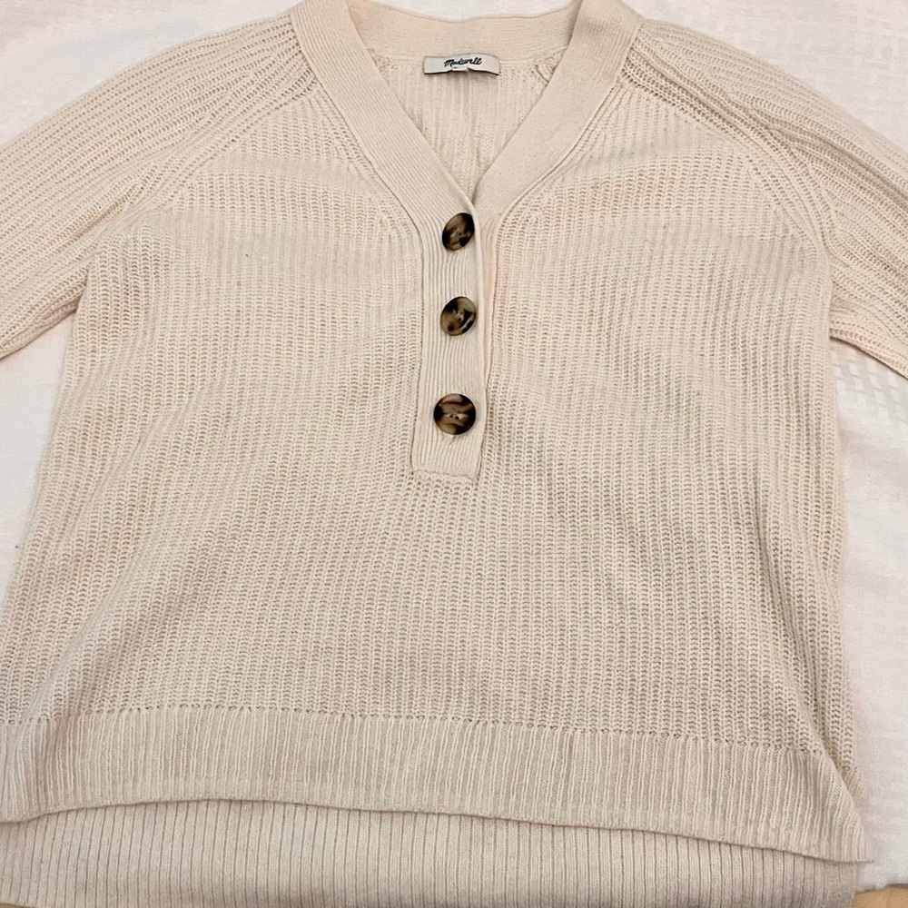 Madewell Textural-Stitch V-Neck Cream Cardigan Sweater